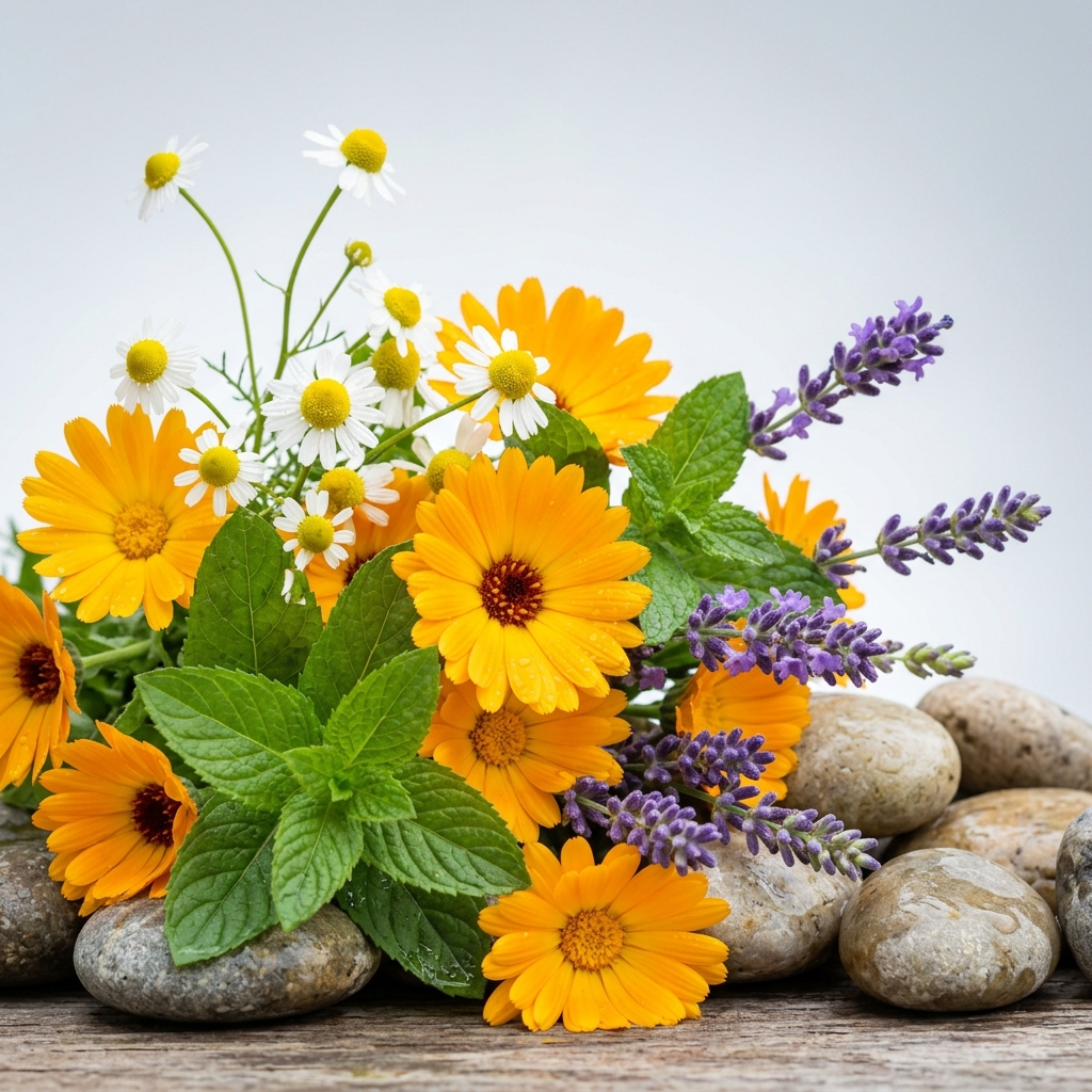 Fresh organic calendula, chamomile, and herbal blossoms