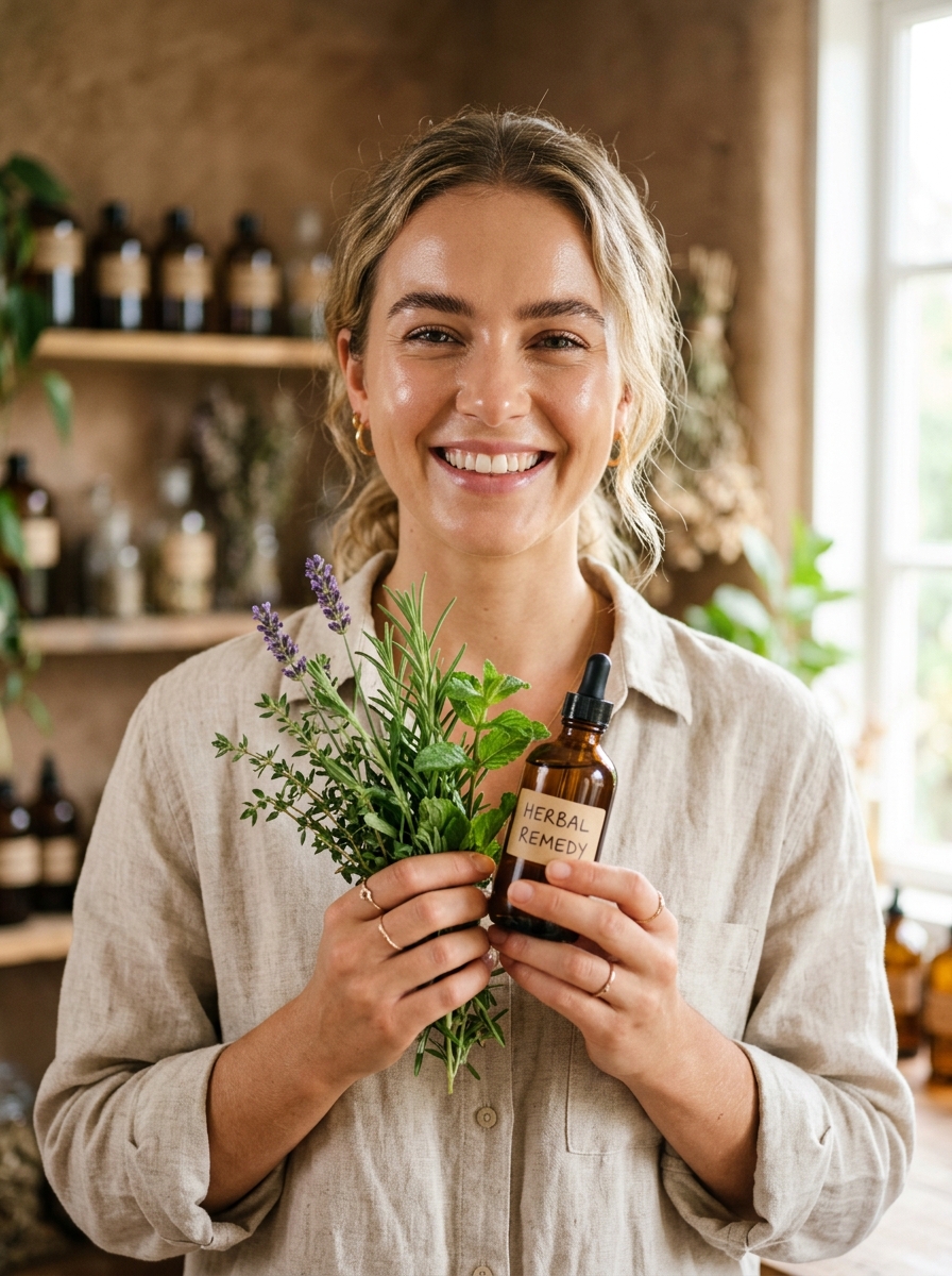 Afiya Wellness herbal practitioner with fresh botanicals