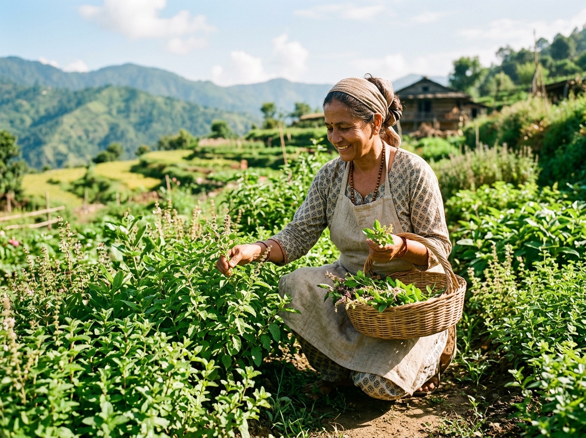 Ayurvedic herbalist hand-harvesting fresh organic medicinal herbs